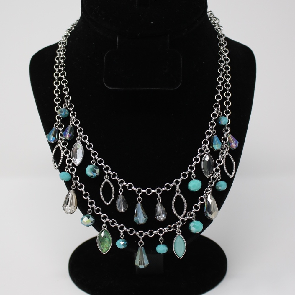 Simply Vera Silver Tone Double Chain Crystal Rhinestone & Faux Set Gems Necklace